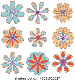 Hand drawn zentangle set of 9 color mandalas for decoration. Thin lineart. Abstract floral mandala spring set vector. Summer and spring mandalas collection. Vector illustration, EPS 10.