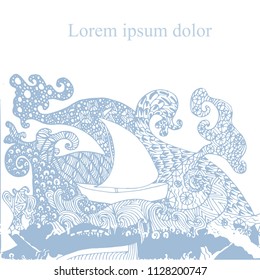 Hand drawn zentangle ship on waves, Lorem Ipsum stock vector illustration for web, for print