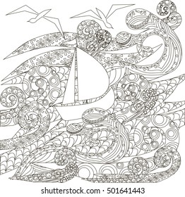 Hand drawn zentangle ship on waves, vector illustration