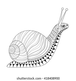 Hand drawn zentangle Snail for adult anti stress colouring pages, post card, mehendi t-shirt print, logo icon. Isolated animal illustration in doodle, boho style, henna tattoo design.