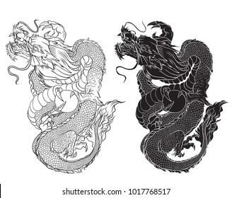 Hand drawn zentangle style Chinese dragon and sketch for tattoo.Silhouette old Dragon on white background.Chinese dragon tattoo.paper cut tribal dragon tattoo. 