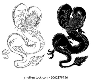 Hand drawn zentangle style Chinese dragon and sketch for tattoo