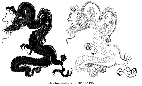 Hand drawn zentangle style Chinese dragon and sketch for tattoo.Dragon silhouette on white background.