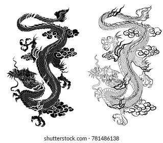 Hand Drawn Zentangle Style Chinese Dragon And Sketch For Tattoo.Dragon Silhouette On White Background.