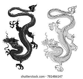 Hand drawn zentangle style Chinese dragon and sketch for tattoo.Dragon silhouette on white background.