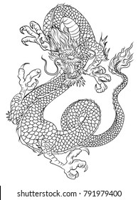 Hand drawn zentangle style Chinese dragon and sketch for tattoo.Dragon silhouette on white background.