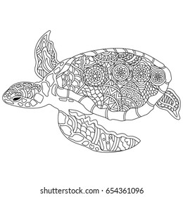 Hand drawn zentangle style turtle or tortoise with ethnic floral doodle ornaments. Black and white illustration for anti stress coloring book or page.