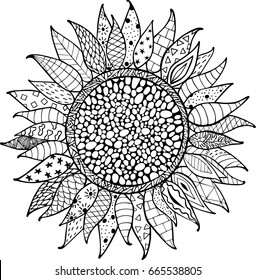 Hand drawn zentangle sunflower ornaments for antistress coloring book