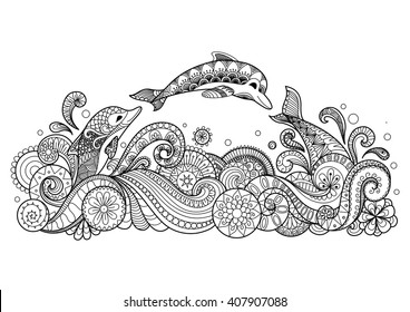 Hand drawn zentangle three dolphins with scrolling sea wave for coloring book for adult