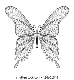 Hand drawn zentangle tribal butterfly pattern for adult therapy coloring pages, post card, t-shirt print, logo icon. Boho, bohemian style. Isolated illustration in doodle, henna tattoo design.