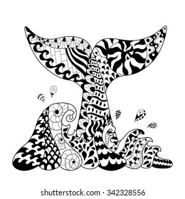 Hand drawn zentangle waves whale tail for adult antis tress. Coloring page with high details isolated on white background. Made by trace from sketch. Zentangle pattern for relax and meditation.