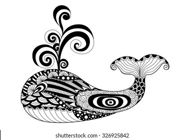 Hand drawn zentangle whale for coloring page, logo,pattern, tattoo and t shirt design effect