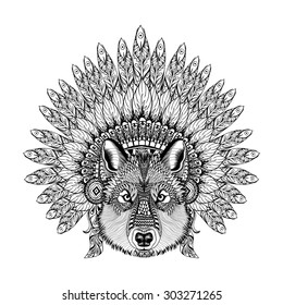 Hand Drawn Zentangle Wolf in Feathered War bonnet, high detailed headdress for Indian Chief. American boho spirit. Vintage sketch, vector illustration for tattoos, t-shirt print.