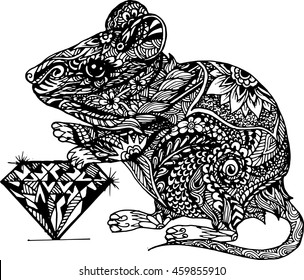 Hand drawn zentangled mouse totem for adult anti stress Coloring Page with high details isolated on white background, illustration in doodle style. Vector monochrome sketch. Animal collection.