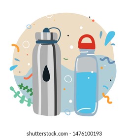 Hand drawn zero waste banner. Ecological lifestyle vector illustration in modern trendy flat cartoon style. Reusable plastic and steel bottles for water on background with doodles.