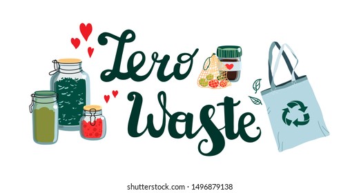 Hand drawn zero waste colour set with lettering. Eco style. Vector illustration