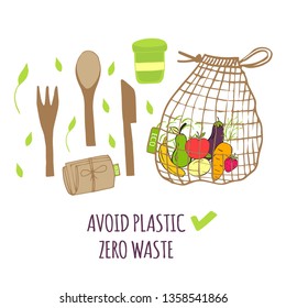 Hand drawn Zero waste concept set. No plastic elements of eco life: reusable paper, wooden, fabric cotton bags, glass, jars, cutlery, cup. Vector go green, bio logo or sign. Organic design template