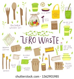 Hand drawn Zero waste concept set. No plastic elements of eco life: reusable paper, bamboo, wooden, fabric cotton bags, glass, jars, cutlery. Vector go green, bio logo or sign. Organic design template