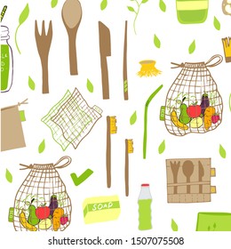 Hand drawn Zero waste concept set. No plastic elements of eco life: reusable paper, bamboo, wooden, fabric cotton bags, glass, jars, cutlery. Vector go green, bio logo or sign. Organic design template