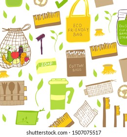 Hand drawn Zero waste concept set. No plastic elements of eco life: reusable paper, bamboo, wooden, fabric cotton bags, glass, jars, cutlery. Vector go green, bio logo or sign. Organic design template