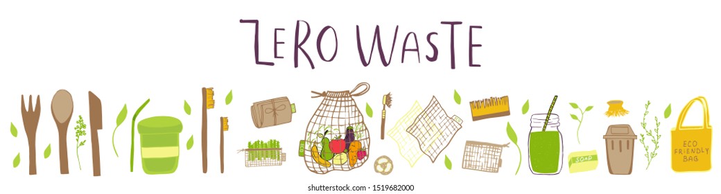 Hand drawn Zero waste concept set. No plastic elements of eco life: reusable paper, bamboo, wooden, fabric cotton bags, glass, jars, cutlery. Vector go green, bio logo or sign. Organic design template