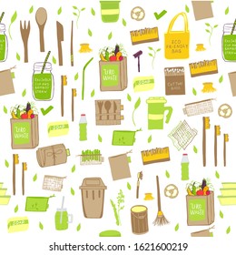 Hand drawn Zero waste concept set. No plastic elements of eco life: reusable paper, bamboo, wooden, fabric cotton bags, glass, jars, cutlery. Vector go green, bio logo or sign. Organic design template