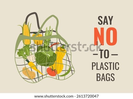 Hand drawn zero waste eco bag. Eco style. Say no to plastic bags. Go green. Pollution problem concept. Care Environment. Design for greeting card, poster, invitation, flyer, banner, email header