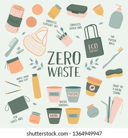 Hand Drawn Zero Waste Element Icon Set Background. Eco Green. Less Plastic. Eco Friendly. Eco Green. Eco Life. Earth Day. Infographic. Vector - Illustration. 