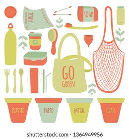 Hand Drawn Zero Waste Element Icon Set Background. Eco Green. Less Plastic. Eco Friendly. Eco Green. Eco Life. Earth Day. Infographic. Vector - Illustration. 