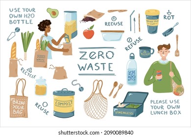 Hand drawn Zero Waste Elements Set. Collection of Eco Lifestyle illustrations. Recycle and reusable non-plastic products
