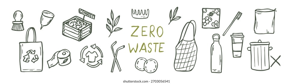 Dibujado a mano cero iconos de residuos. Doodle Clipart de vida sostenible