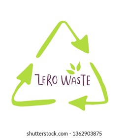 Hand drawn Zero waste logo or sign. Eco badge, tag for shopping, no plastic market, products packaging, ad. Hand drawn leaves, branches, plant elements with lettering. Vector organic design template.