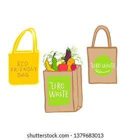 Hand drawn Zero waste logo or sign. Eco badge, tag for shopping, no plastic market, products packaging. Hand drawn leaves, branches, plant elements with lettering. Vector organic design template.