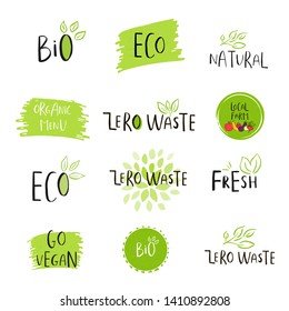 Hand Drawn Zero Waste Logo Or Sign. Eco Badge, Tag For Shopping, No Plastic Market, Products Packaging