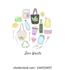 Hand drawn zero waste objects in round shape. Eco lifestyle. Save planet. Care of nature. Vegan. No plastic. Go green. Refuse, reduce, reuse, recycle, rot. Unique design. Vector illustration, eps10