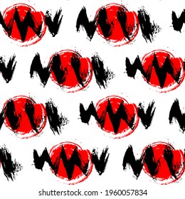 Hand drawn zig zag seamless pattern. Ink brush vector illustration. White background. Uneven messy grunge brush strokes on red circles.