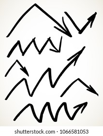 Hand drawn zigzag arrows set. Collection of symbols in black isolated over white background. Vector illustration.