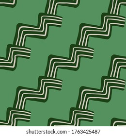Hand drawn zigzag pattern on green background. Modern line art wallpaper. Decorative backdrop for fabric design, textile print, wrapping, cover. Handmade drawing vector illustration.