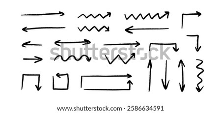 Hand drawn zigzag and straight arrow set. Black grunge sketch arrow collection. Doodle sketch pointer and direction lines. Squared and rectangle brush stroke bundle for flyer, poster, brochure. Vector