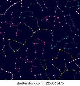 Hand drawn zodiac constellations. Colored vector seamless pattern. Neon style. Dark background