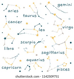 Hand drawn zodiac constellations. Cosmic collection. Cute cartoon childish set. Universe, space, stars elements.
