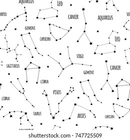 Hand drawn zodiac constellations. Graphic vector seamless pattern