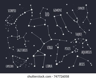 Hand drawn zodiac constellations. Graphic vector set. Dark background. All elements are isolated
