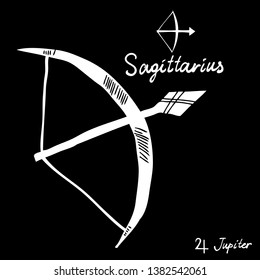 Hand drawn zodiac constellations symbol and sign Sagittarius, Jupiter illustration picture planet and symbol written name. Usable for mystic occult palmistry and witchcraft alchemy. Vector 