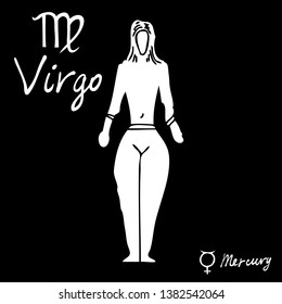 Hand drawn zodiac constellations symbol and sign Virgo, Mercury illustration picture planet and symbol written name. Usable for mystic occult palmistry and witchcraft alchemy. Vector 