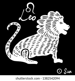 Hand drawn zodiac constellations symbol and sign Leo, Sun illustration picture planet and symbol written name. Usable for mystic occult palmistry and witchcraft alchemy. Vector 