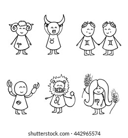  Hand drawn Zodiac icon set. Vector doodle Illustration.