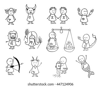 Hand drawn Zodiac icon set. Vector doodle Illustration.