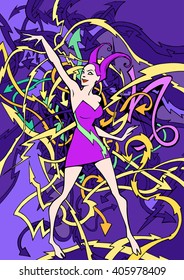 hand drawn zodiac illustration of a beautiful elegant capricorn lady on the colorful abstract background