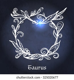Hand drawn Zodiac sign Aries by flower pattern in vintage style.